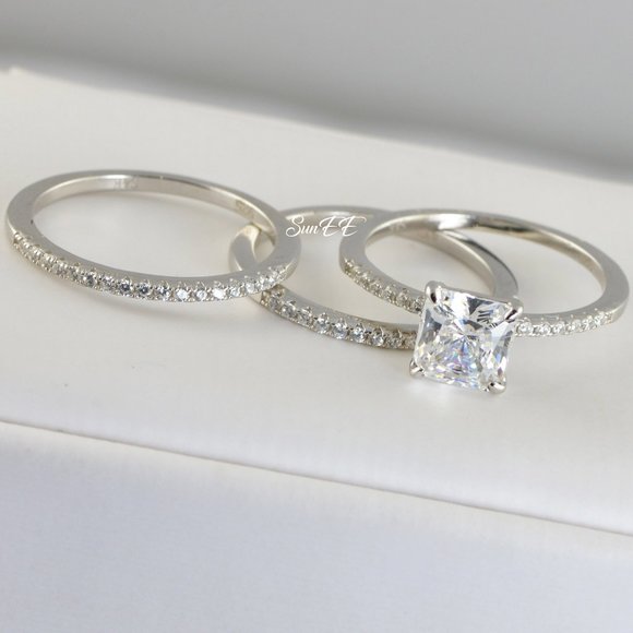 14k WHITE GOLD 925 STERLING SILVER PRINCESS CUT WEDDING BAND ENGAGEMENT RING - Picture 2 of 9